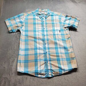 Columbia Button Up Short Sleeve Plaid Shirt 1 Pocket Blue White Tan Men Sz M